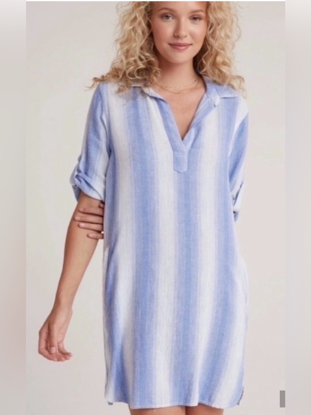 Bella Dahl Women’s Blue & White Striped Rayon/Linen Roll tab Tunic Shirt Dress